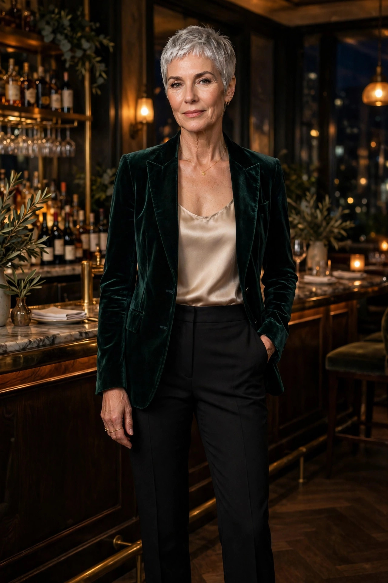 Woman in her 60s in emerald velvet blazer and champagne camisole in a restaurant bar