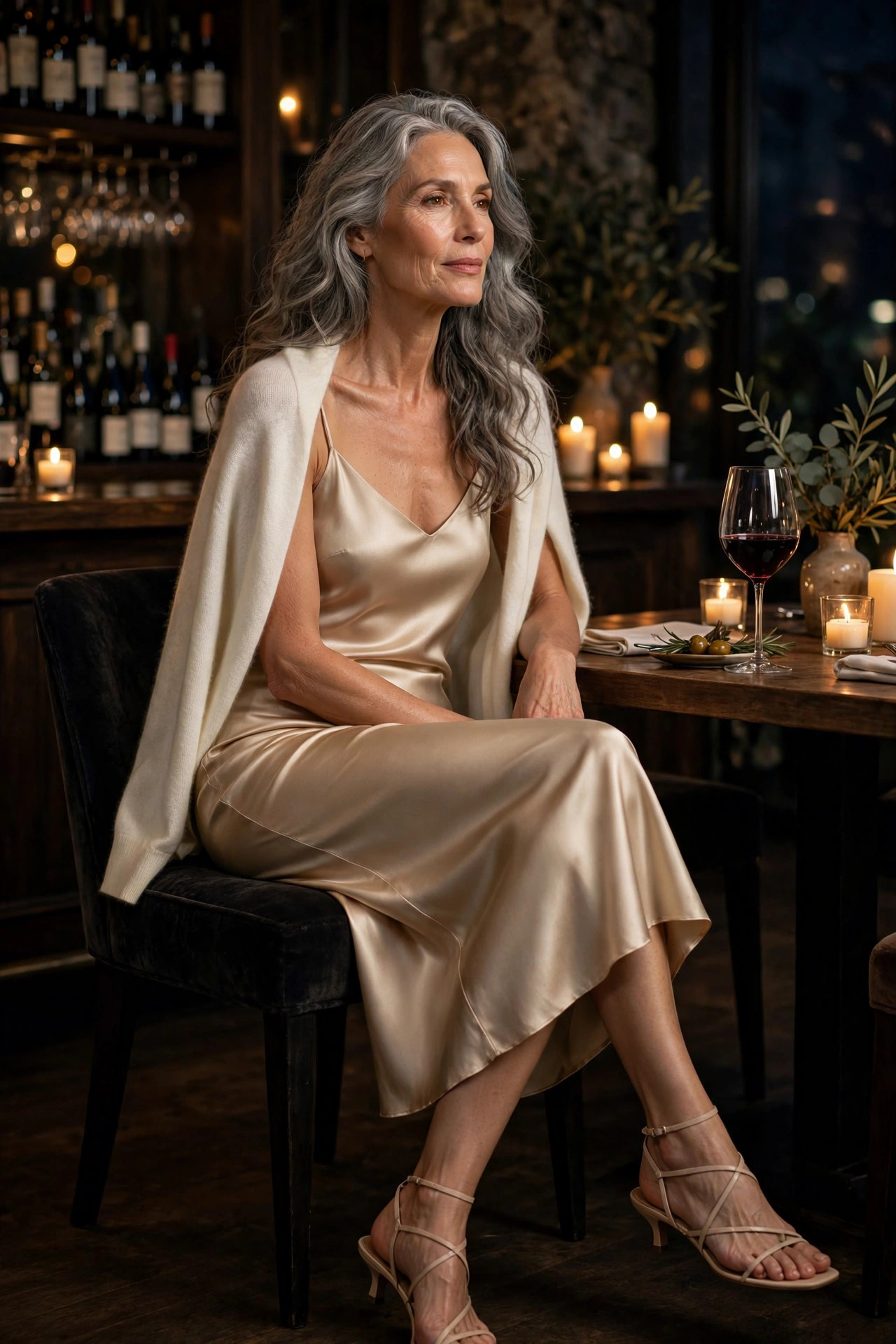 Woman in her 50s in a champagne slip dress with cashmere cardigan in a candlelit wine bar
