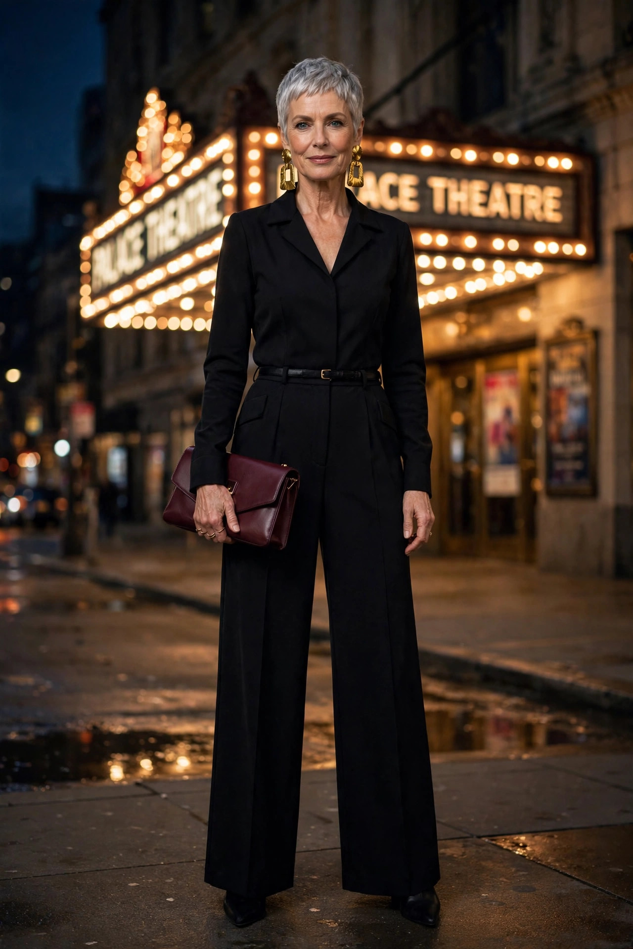 Woman in her 60s in a black wide-leg jumpsuit with statement earrings outside a theater