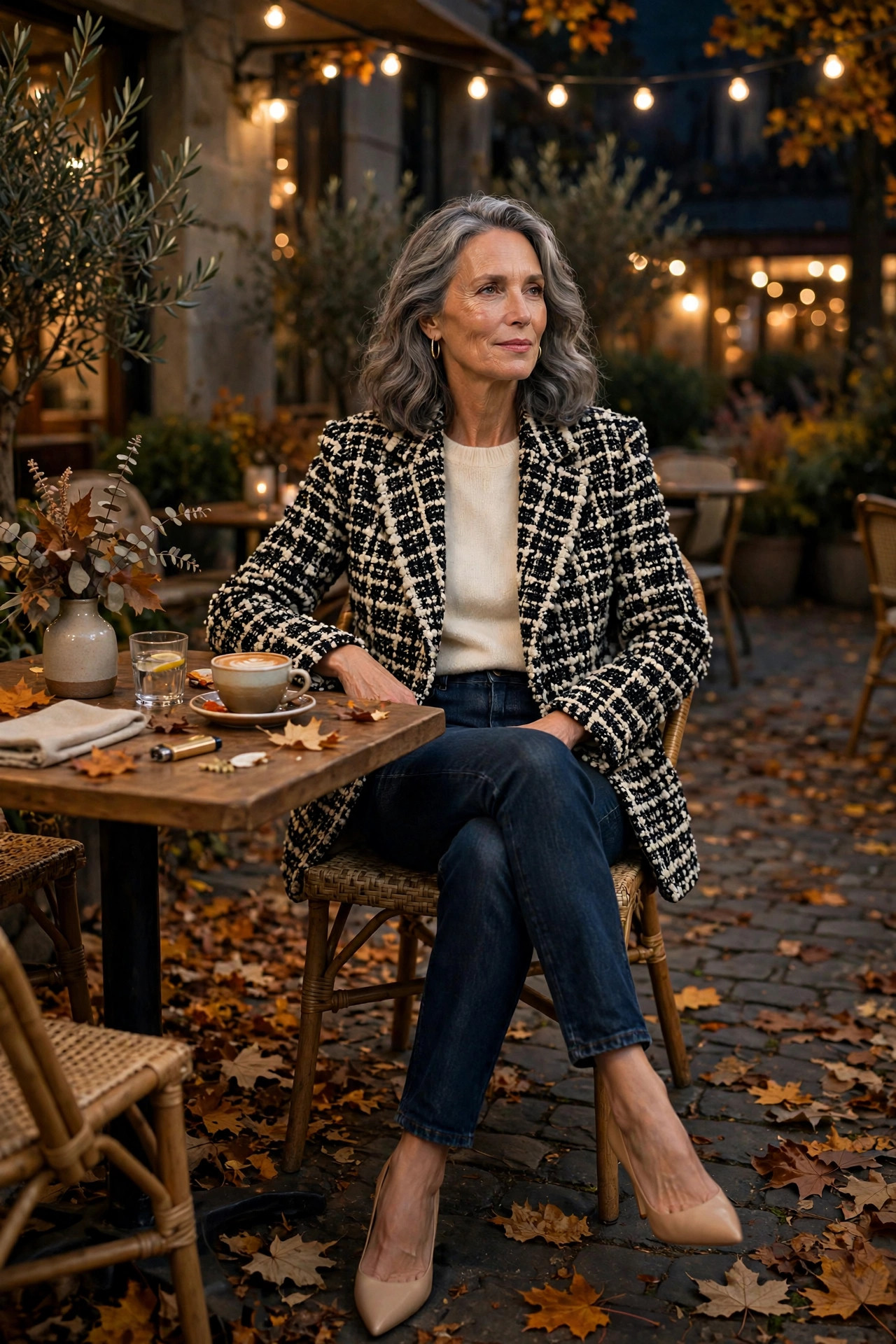 Woman in her 50s in bouclé blazer with dark jeans and nude pumps at outdoor café evening