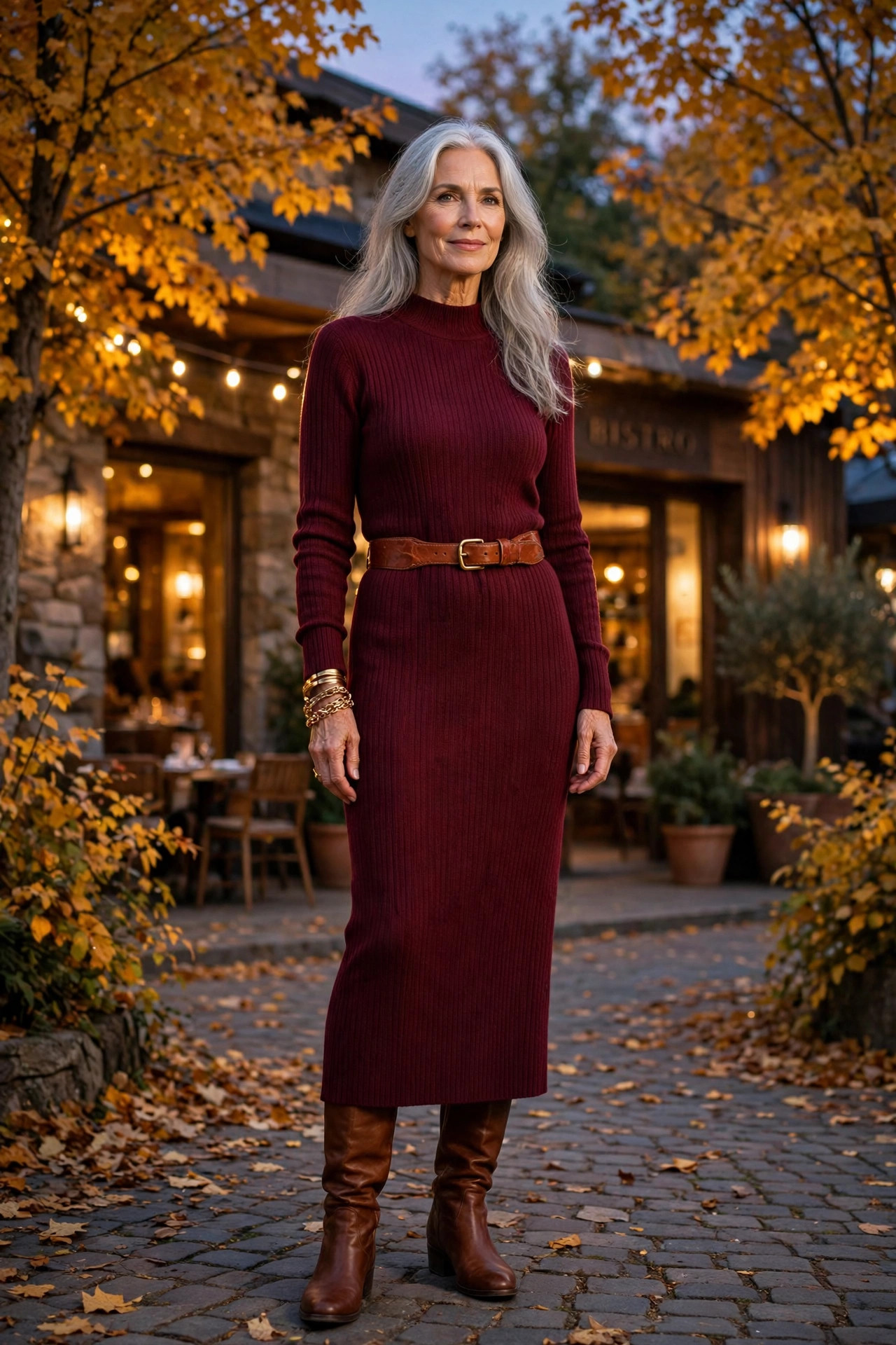 Woman in her 60s in burgundy ribbed sweater dress with knee-high boots among autumn trees