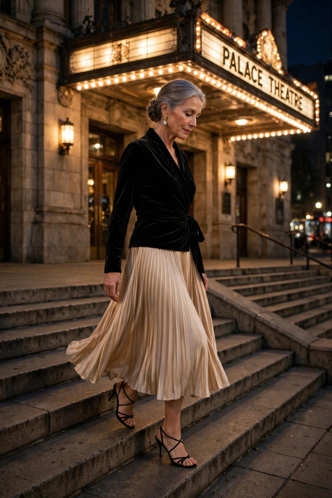Woman in her 50s in black velvet wrap top and champagne pleated midi skirt on theater steps at night